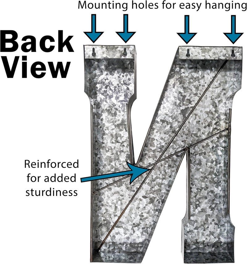 Science Purchase 20" Metal Letter N Wall Decor, Silver with Rusted Edges, Galvanized Wall Mountable Decoration for Country, Mid-Century, or Farmhouse Themed Room or Event - Image 3